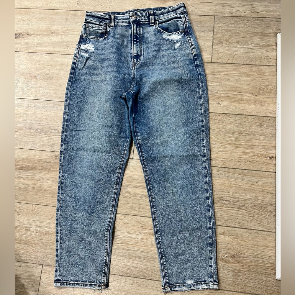 American Eagle Blue and navy stretch mom/boyfriend jeans.